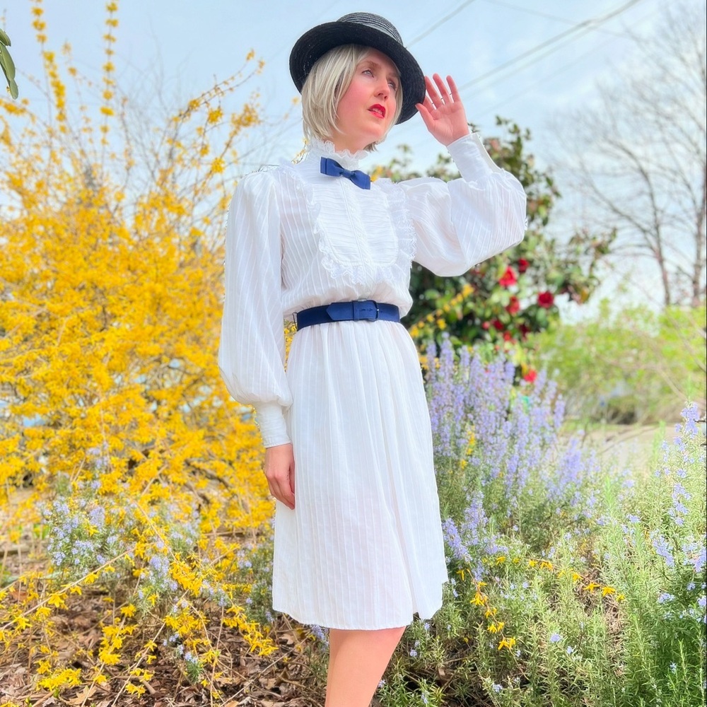 80s Vintage Ruffle Puff Sleeve Tux Shirt Dress